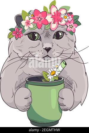 Gatto britannico con una corona di fiori rosa e una tazza di tè con margherite. Poster di primavera alla moda. Stampa con un simpatico cucciolo. Illustrazione vettoriale isolata su sfondo bianco. Scheda divertente nello stile di schizzo Illustrazione Vettoriale