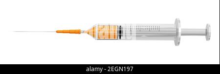 Siringa medica con ago. La siringa è riempita con una soluzione di vaccino contro il coronavirus. Concetto di vaccinazione, iniezione. Illustrazione vettoriale Illustrazione Vettoriale
