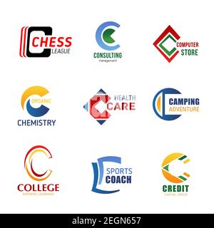 Icone della lettera C per l'identità aziendale nello sport, nella gestione della consulenza aziendale o nella tecnologia informatica e nel settore del commercio bancario. Lettera vettore V f Illustrazione Vettoriale