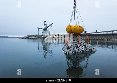 (210219) -- PECHINO, 19 febbraio 2021 (Xinhua) -- UNA struttura in acciaio viene fatta cadere nel mare Adriatico per creare una barriera corallina artificiale vicino alla costa di Zadar, Croazia, 17 febbraio 2021. (Marko Dimic/Pixsell via Xinhua) Foto Stock