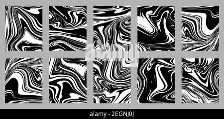 Set di 4 sfondi astratti in bianco e nero. Texture di marbling dell'inchiostro. Illustrazioni in marmo. Può essere utilizzato per le icone o il tuo progetto. Colori grigio, bianco, blac Illustrazione Vettoriale