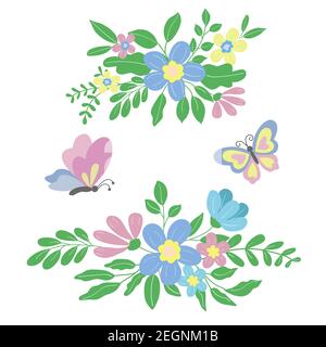 Immagine di bouquet di fiori delicati, farfalle Illustrazione Vettoriale