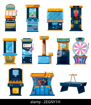 Macchine da gioco icone vettoriali, cartoni animati ruota fortunata, un bandito armato e slot machine, basket, danza e tiro al volo. Casinò o famiglia ricreazione Illustrazione Vettoriale