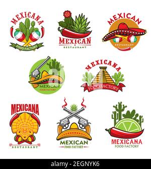 Ristorante messicano icone vettoriali, cartoni animati emblemi con simboli tradizionali del Messico. Cactus, peperoncini jalapeno e sombrero, idolo azteco e pirami Illustrazione Vettoriale