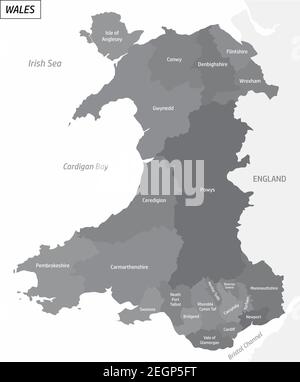 La mappa in scala di grigi del Galles divisa in aree amministrative con etichette, Regno Unito Illustrazione Vettoriale