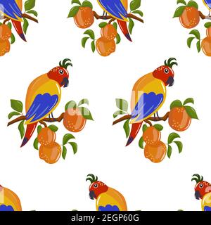 Modello senza cuciture di carino pappagallo cartoon e pesche su uno sfondo bianco. Per la progettazione di copertine per notebook, stampe per t-shirt, abbigliamento per bambini Illustrazione Vettoriale