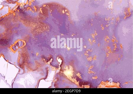 Sfondo in pietra viola, viola e oro con texture di marmo. Tecnica orientale dell'inchiostro dell'alcool. Pittura vettoriale astratta moderna con glitter. Illustrazione Vettoriale