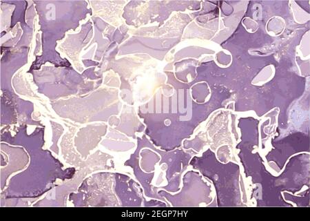Viola scuro, viola, e pietra dorata marmo texture. Tecnica dell'inchiostro dell'alcool sfondo vettoriale astratto. Vernice moderna con glitter. Modello per banner Illustrazione Vettoriale