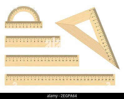 Set di strumenti di righello in legno realistici. Il triangolo di legno della scuola, il protactor e le regole 15, 20, 30 centimetri. Stile piatto. Oggetti vettoriali su bianco ba Illustrazione Vettoriale