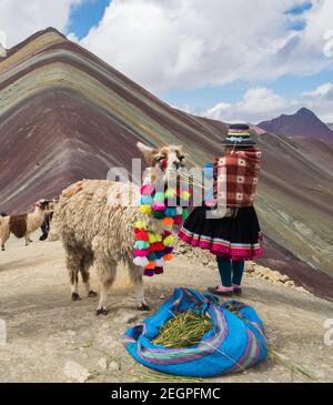 Perù, Vinicunca - 27 settembre 2019 - Llama e indiani ai sette colori di montagna vestito colorato Foto Stock