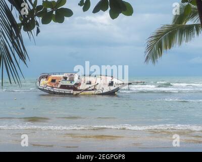 Puerto Viejo, Costa Rica - 30 novembre 2019 - relitto vicino alla spiaggia, barca piena di graffiti visto da dietro la vegetazione Foto Stock