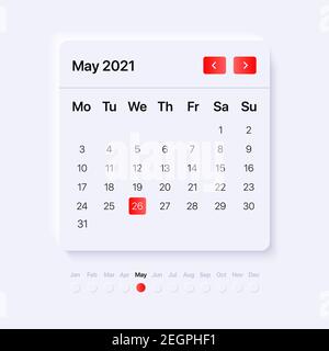 Modello widget calendario. Layout UI, UX, GUI per applicazioni mobili e Web. Progettazione concettuale del Neumorfismo. Illustrazione vettoriale Illustrazione Vettoriale