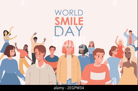 Modello di banner vettoriale piatto World Smile Day con spazio di testo. Felici uomini e donne sorridenti in abiti casual in piedi insieme, ridendo e sorridendo. Gruppo di persone felici di diversa etnia. Illustrazione Vettoriale