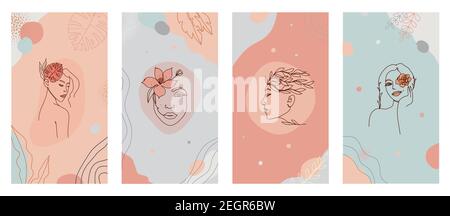 Donna lineare viso e fiori in una linea di stile organico insieme di vettori di logo Illustrazione Vettoriale