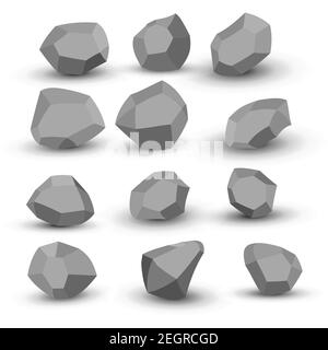 Pietre del cartone animato. Set isometrico pietra da roccia. Massi grigi di granito, forme naturali di blocchi da costruzione, pietre da parete. illustrazione 3d piatta isolata. Vettore Illustrazione Vettoriale