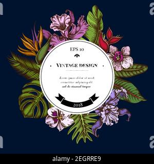 Badge sopra il design con monstera, foglie di banana palma, strelitzia, heliconia, foglie di palma tropicali, orchidea Illustrazione Vettoriale