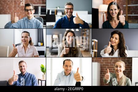 Gruppo di persone diverse che mostrano le miniature in una videoconferenza Foto Stock