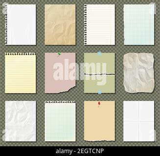 Fogli di carta bianchi e colorati, carta per notebook, fogli di carta con bordi strappati su sfondo trasparente. Illustrazione Vettoriale