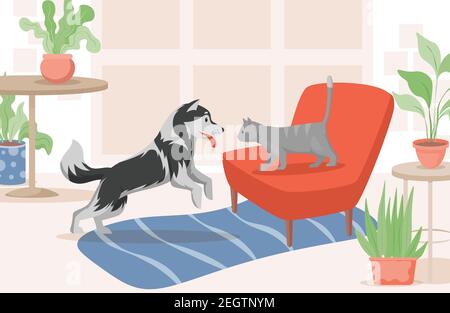 Gatto e cane in salotto vettore immagine piatta. Animali domestici che trascorrono il tempo insieme all'interno della casa del proprietario dell'animale domestico. Gatto in poltrona rossa e felice incontro con il cane, per conoscersi. Illustrazione Vettoriale