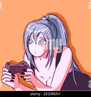 ANIME girl con lunghi capelli blu giochi su una console. Manga con un gamepad. Personaggio cartoon di una donna moderna che gioca e streaming onl Illustrazione Vettoriale