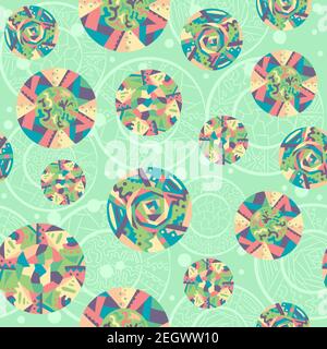 Modello senza giunture astratto con motivi bohémien-indian colorati. Sfondo azteco ripetitivo con piatti etnici rotondi. Illustrazione Vettoriale