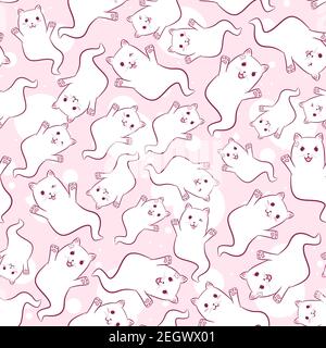 Kawaii modello senza cuciture con gatti fantasma per bambini e bambini. Sfondo ripetitivo con gattini galleggianti per Halloween. Carini animali bianchi con zampe rosa Illustrazione Vettoriale