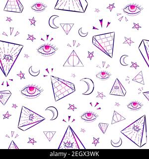 Pattern senza giunture di gradiente con simboli occulti illuminati. Ripetitivo occulto e cospirazione sfondo con triangoli, occhi, luna e stelle. Illustrazione Vettoriale