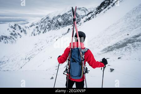 Lo sciatore si trova in cima alla montagna e guarda il bellissimo paesaggio. Concetto di sport estremo invernale. Vista posteriore di un uomo forte e motivato Foto Stock