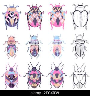 Piccoli elementi pack con diversi disegni di bug colorati. Collezione vettoriale con schizzi e illustrazioni piatte di insetti. Illustrazione Vettoriale