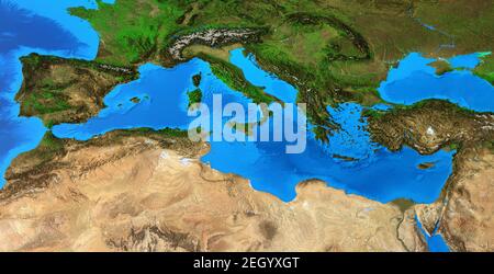 Mappa fisica del Mar Mediterraneo. Vista piatta e dettagliata del pianeta Terra. Illustrazione 3D - elementi di questa immagine forniti dalla NASA Foto Stock