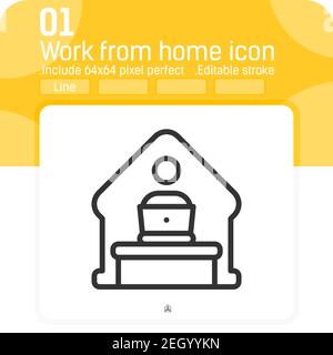 Concetto di icona di lavoro remoto per ufficio domestico con stile di linea isolato su sfondo bianco. L'illustrazione lineare vettoriale funziona da casa con il desktop del computer Illustrazione Vettoriale