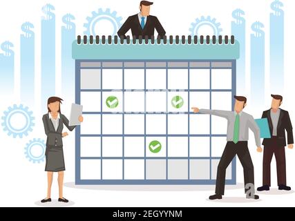 I personaggi di affari studiano e fanno programma con un calendario gigante. Concetto di pianificazione delle attività, strategia e pianificazione aziendale. Vettore cartoon piatto Illustrazione Vettoriale