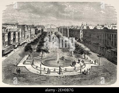 Piazza Tahrir. Mohammed Ali Square e Place des Consuls, Alessandria d'Egitto. Antico Egitto Storia. Antica illustrazione del 19 ° secolo inciso da El Mundo Ilustrado 1879 Foto Stock