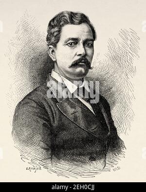 Ritratto di Henry Morton Stanley (Denbigh, 1841 - Londra, 1904), giornalista ed esploratore britannico prima del suo viaggio in Africa. Viaggia verso l'Africa inesplorata, il misterioso continente di Henry Morton Stanley. Esploratore del diciannovesimo secolo. Antica illustrazione del 19 ° secolo inciso da El Mundo Ilustrado 1879 Foto Stock