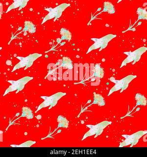 Delfini e fiori senza cuciture modello. Silhouette Dolphin con texture acquerello. Schizzi di inchiostro. Motivo luminoso per sfondo, stampa su tessuto, avvolgimento Foto Stock