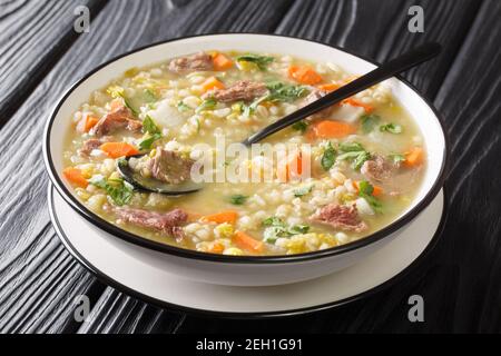 Il brodo Scotch è una zuppa scozzese tradizionalmente caratterizzata da orzo, un agnello di carne, primi piatti di verdure alla radice nel piatto sul tavolo. Orizzontale Foto Stock