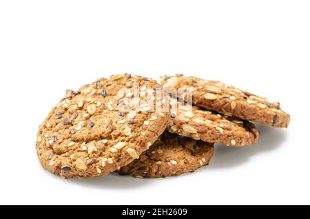 oatmeal cookies sprinkled with cereal grains on white background with soft shadow Stock Photo