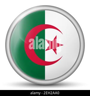 Palla di vetro con bandiera di Algeria. Sfera rotonda, icona modello. Simbolo nazionale algerino. Sfera realistica lucida, illustrazione vettoriale astratta 3D Illustrazione Vettoriale