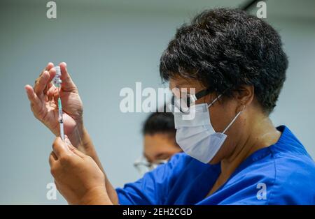 Wellington. 19 Feb 2021. Un medico prepara una dose del vaccino COVID-19 ad Auckland, Nuova Zelanda, il 19 febbraio 2021. Un totale di 25 operatori sanitari venerdì è diventato il primo a ricevere il vaccino COVID-19 in Nuova Zelanda. I vaccini Pfizer/BioNTech sono stati somministrati in un impianto di quarantena di Auckland. Questi operatori sanitari sono stati vaccinati mentre praticavano la somministrazione del vaccino. Credit: Xinhua/Alamy Live News Foto Stock