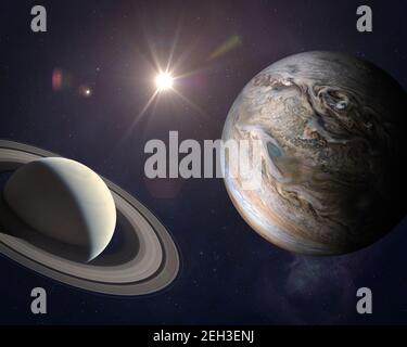 Grande congiunzione: Giove e Saturno si incontrano su Solstice. Raro congiunzione Giove-Saturno. Elementi di questa immagine forniti dalla NASA. Foto Stock