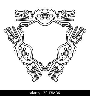 Ornamento a coccodrillo di forma triangolare, in stile azteco, illustrazione in bianco e nero. Triangolo, composto da sei metà corpo a coccodrillo, bocche aperte. Foto Stock