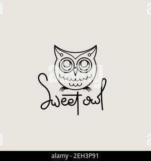 Logo con contorno di gufo dolce. Design con emblema isolato Doodel. Simbolo dell'educazione dei bambini. Illustrazione vettoriale Illustrazione Vettoriale