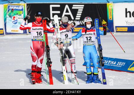 Cortina (BL, Italia. 19 Feb 2021. Cortina (BL), Italia, Labirinti, 19 febbraio 2021, Mathieu FAIVRE (fra), Luca de ALIPRANDINI (ITA) e Marco SCHWARZ (AUT) durante i Campionati mondiali DI SCI alpino 2021 FIS - Giant Slalom - uomini - gara di sci alpino Credit: Luca Tedeschi/LPS/ZUMA Wire/Alamy Live News Foto Stock