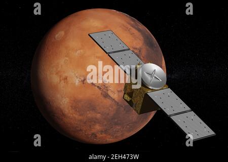 Sonda orbitante il pianeta Marte. illustrazione 3d. Foto Stock