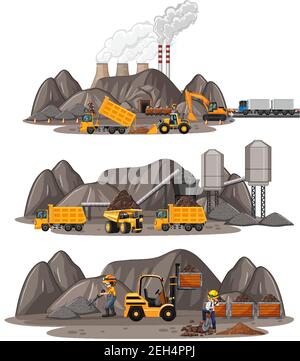 Scenario minerario del carbone con diversi tipi di illustrazione dei dumper da costruzione Illustrazione Vettoriale