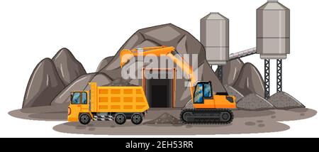 Scenario minerario del carbone con diversi tipi di illustrazione dei dumper da costruzione Illustrazione Vettoriale