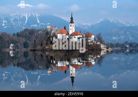 Bled, Slovenia. 19 Feb 2021. La Chiesa dell'Assunzione della Vergine Maria sull'isola di Blejski Otok nel lago di Bled ai piedi dell'altopiano di Pokljuka. Il Castello di Bled è visibile sullo sfondo. I Campionati del mondo di Biathlon si terranno a Pokljuka dal 10-21 febbraio. Credit: Sven Hoppe/dpa/Alamy Live News Foto Stock