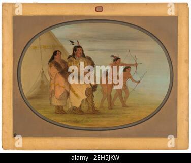 Ojibbeway Indians, 1861/1869. Sha-c& xf3;-paga (capo) con i suoi figli. Foto Stock