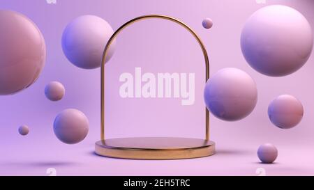 Piattaforma dorata con arco circondato da sfere rendering 3d Foto Stock
