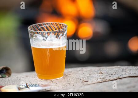 Birra schiumosa seduta su panca di legno di fronte al camino, Conowingo, Maryland Foto Stock